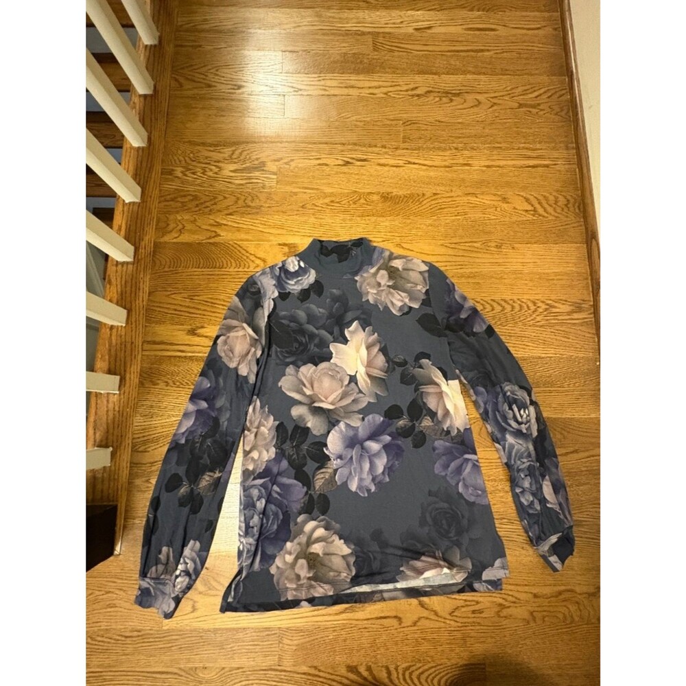 Johnny Was Janie Favorite Grey Peony Puff Sleeve Mock Neck Top Size XXS Floral - Picture 4 of 8